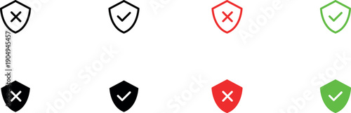 Lock and unlock vector icon set with tick, cross, and shield security symbols.  outline, solid and flat styles, black and white design.