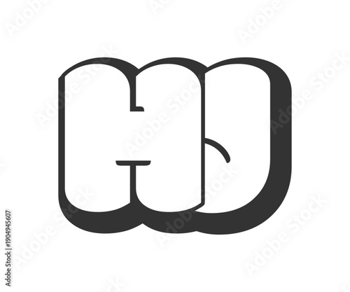 HJ logo, bubble comic lettering, rounded in graffiti style black and white silhouette. Trendy preschool H and J letter text for festival party, personal initials, children funky print and web.
