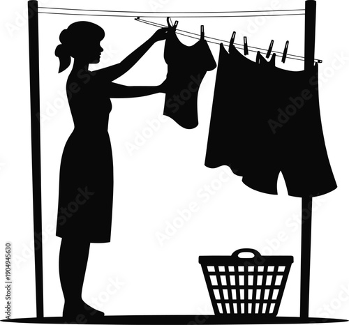 Silhouette of woman hanging wet clothes on clothesline with clothespins and laundry basket, outdoor drying concept, household chores, domestic work, black and white illustration.