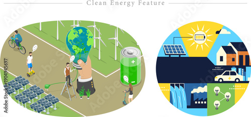 Clean Energy Future and Green Transport Isometric Vector Renewable Sources, EV, Hydro and Sustainable Grid Concept