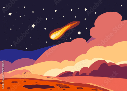 Meteor streaking across the martian night sky illustration