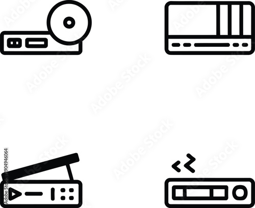 Media Vector Featuring  Grid of Black and White Icons of DVD Player, Stereo Receiver, VHS Deck, and Radio