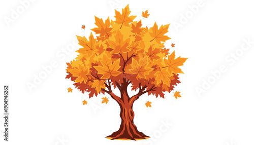 Autumn tree with yellow and orange leaves on white background