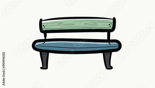 Wooden bench with green and blue seat and backrest
