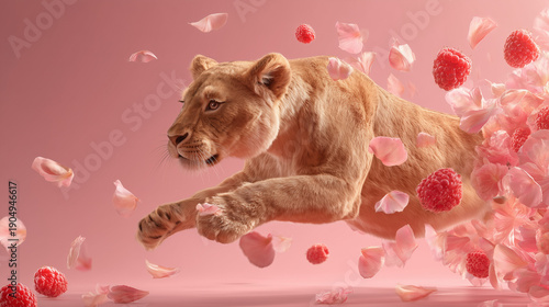 Lionness leaping from a refreshing burst of flower petals and raspberries