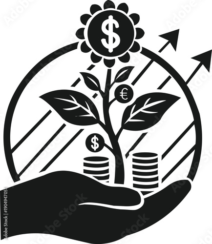 Stylized finance growth icon showing a hand offering a sprouting money plant
