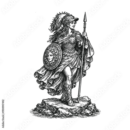 Greek Warrior Goddess with Spear and Medusa Head Shield