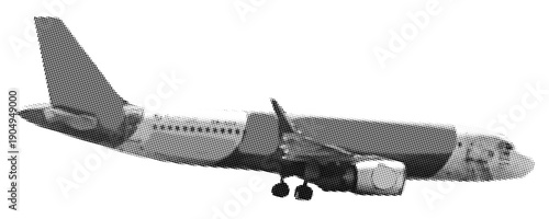 Airplane silhouette in halftone dot style, vintage aviation illustration isolated on transparent background. Vector collage element for mixed media design, scrapbook	