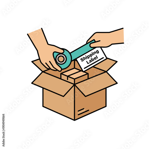 Packing a parcel with shipping label concept of ecommerce fulfillment