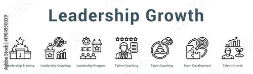 Leadership Growth  Modern and clean web banner illustration vector featuring thematic icons
