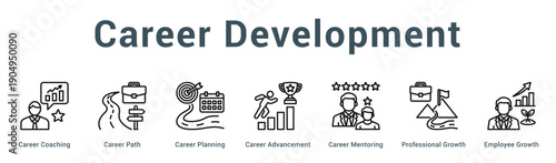 Career Development  Modern and clean web banner illustration vector featuring thematic icons