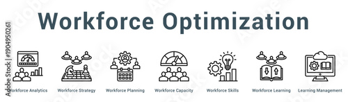 Workforce Optimization  Modern and clean web banner illustration vector featuring thematic icons