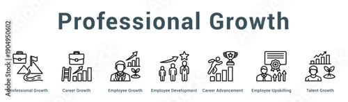 Professional Growth  Modern and clean web banner illustration vector featuring thematic icons