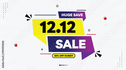12.12 Sale Banner – 50% Off Huge Savings, Hurry! Modern Element Shapes Template with Yellow, Purple, Black, Red & White Gradient Background