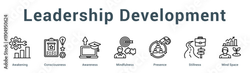 Leadership Development  Modern and clean web banner illustration vector featuring thematic icons