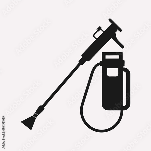 Black Silhouette of a Sprayer with Hose and Tank on White Background Keywords: sprayer, spray, garden, cleaning, pesticide, herbicide