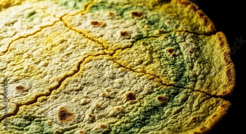 Highly textured close-up of a brittle and cracked stale tortilla, representing spoiled food and an unappetizing sour experience, waste, closeup, expired