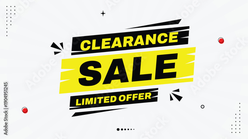 Clearance Sale Banner Template – 50% Off Limited Offer, Yellow Black Red White Gradient Background, Modern Element Shapes for Promotion & Discounts