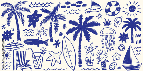 Hand Drawn Doodle Summer Beach, Sea, and Surf Vector Illustration Set with Tropical Palm Trees, Waves, Surfboards, and Sun Ornament, Perfect for T-Shirts, Posters, Placards, Prints, and Coastal Design