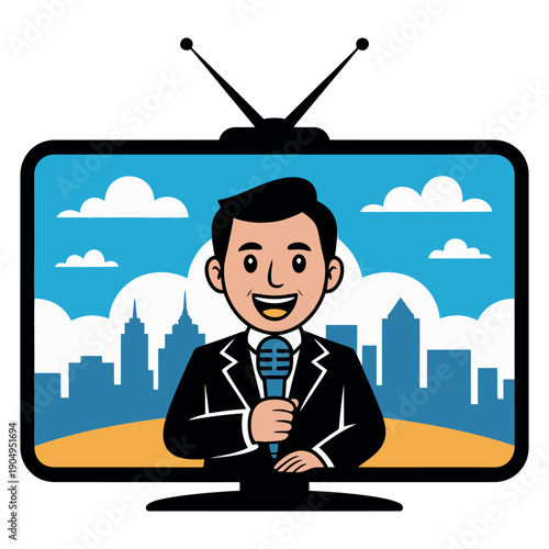 Smiling male news reporter presents broadcast inside vintage television set against cityscape.