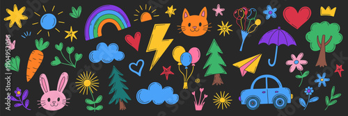 cute kid baby icon set, hand drawn kid doodle marker stroke with colorful rainbow sun and cloud background, ranked titles concept, hierarchy childhood symbols, premium playful levels for modern kids d