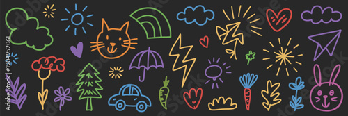 cute kid baby icon set, hand drawn kid doodle marker stroke with colorful rainbow sun and cloud background, ranked titles concept, hierarchy childhood symbols, premium playful levels for modern kids d