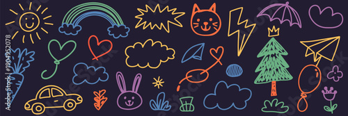 cute kid baby icon set, hand drawn kid doodle marker stroke with colorful rainbow sun and cloud background, ranked titles concept, hierarchy childhood symbols, premium playful levels for modern kids d