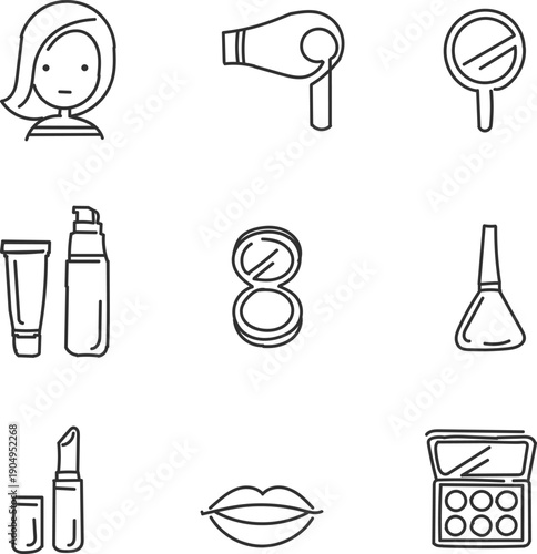 Collection of beauty and cosmetic product icons with lipstick, mascara, eye shado,  face powder and skincare items