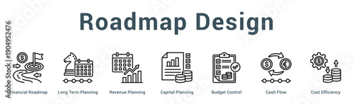 Roadmap Design  Modern and clean web banner illustration vector featuring thematic icons