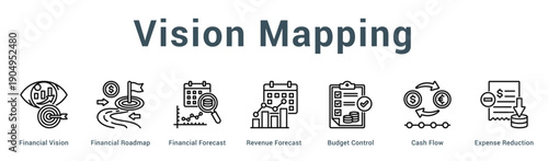 Vision Mapping  Modern and clean web banner illustration vector featuring thematic icons