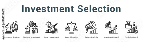 Investment Selection  Modern and clean web banner illustration vector featuring thematic icons