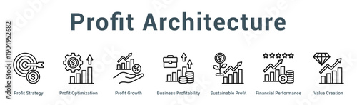 Profit Architecture  Modern and clean web banner illustration vector featuring thematic icons