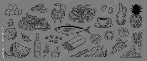 hand drawn food doodle set with fruits, vegetables, fish, drinks and snacks, black and white line art illustrations, ranked titles concept, hierarchy menu symbols, premium culinary levels for modern r