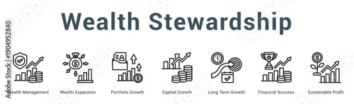 Wealth Stewardship  Modern and clean web banner illustration vector featuring thematic icons