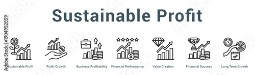 Sustainable Profit  Modern and clean web banner illustration vector featuring thematic icons