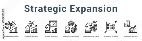 Strategic Expansion  Modern and clean web banner illustration vector featuring thematic icons