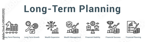 Long-Term Planning  Modern and clean web banner illustration vector featuring thematic icons