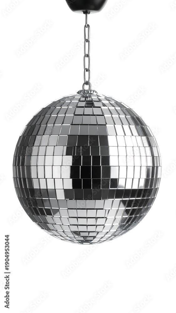 Fototapeta premium Shiny disco ball hangs from a chain, made of small mirrors, against a white background