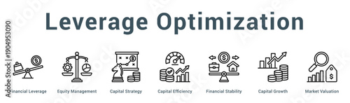 Leverage Optimization  Modern and clean web banner illustration vector featuring thematic icons