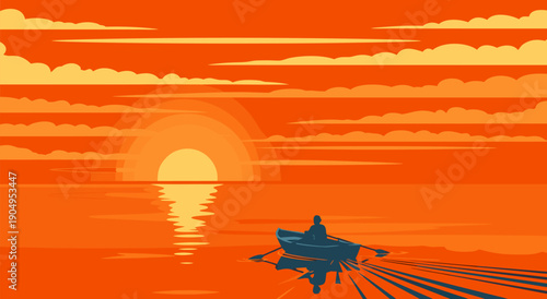 Captivating Sunset Scene with a Lone Figure in a Rowboat - A Vibrant Vector Illustration