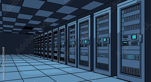 Vector illustration of a server room with rows of computer cabinets and digital displays, representing technology and data storage concepts