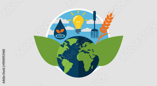 Green Earth Globe with Renewable Energy and Agriculture Symbols Vector Illustration - A Sustainable Future Concept