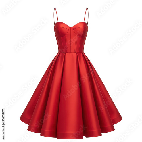 Elegant red dress with straps and full skirt, isolated on transparent background
