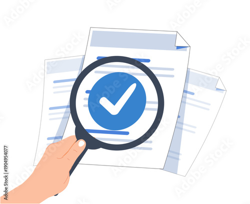 Document evaluation inspect 3D vector illustration. Contract agreement audit. Assessment survey evaluation check. Doc