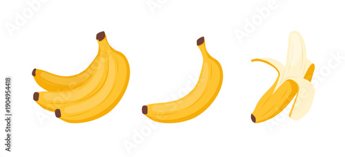 Yellow banana fruits. Whole and peeled bananas icon. Organic tropical fruit for juice, smoothie or healthy food. Vector