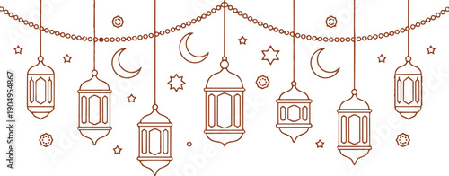 Arabic traditional Ramadan Kareem eastern lanterns garland. Muslim ornamental hanging golden lanterns, stars and moon vector illustration set. Islamic oriental style garland