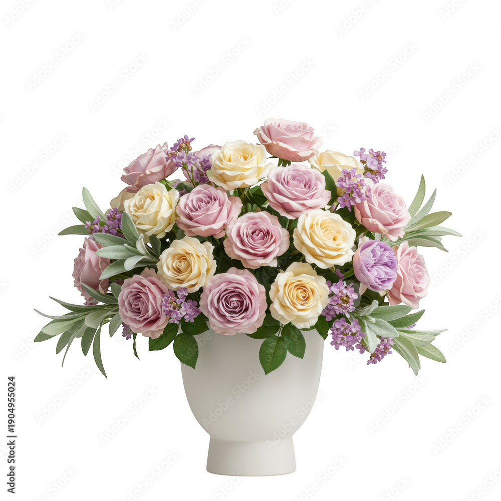 Obraz premium Elegant bouquet of pink and white roses in a classic white vase arrangement isolated on white background