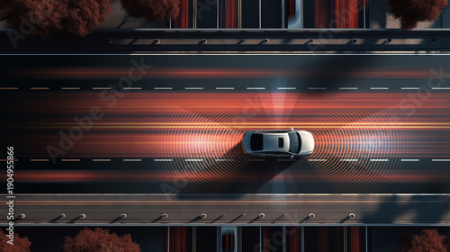 illustration of autonomous car from above showing sensor scanning