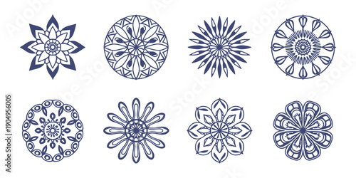 Mediterranean Blue Pattern Set with Floral Mosaic Design Featuring Traditional Spanish, Portuguese, Sicilian, and Italian Motifs on White Background, Ethnic Leaf Ornaments for Ceramic and Decor Use