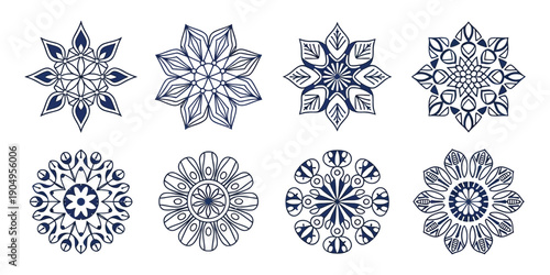 Mediterranean Blue Pattern Set with Floral Mosaic Design Featuring Traditional Spanish, Portuguese, Sicilian, and Italian Motifs on White Background, Ethnic Leaf Ornaments for Ceramic and Decor Use